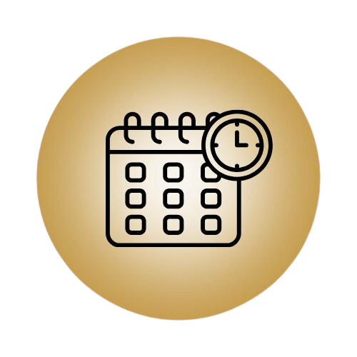 A dark brown line-art icon of a spiral-bound calendar with a small clock face overlapping the top-right corner, centered on a circular gold gradient background. The calendar features a grid of nine square day markers.