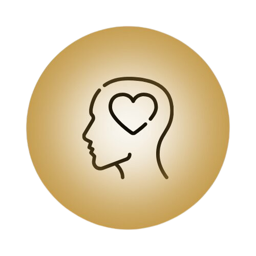 human head facing left, set against a gold-to-white gradient circular background. Inside the head, where the brain would be, is a dark brown line-art heart.